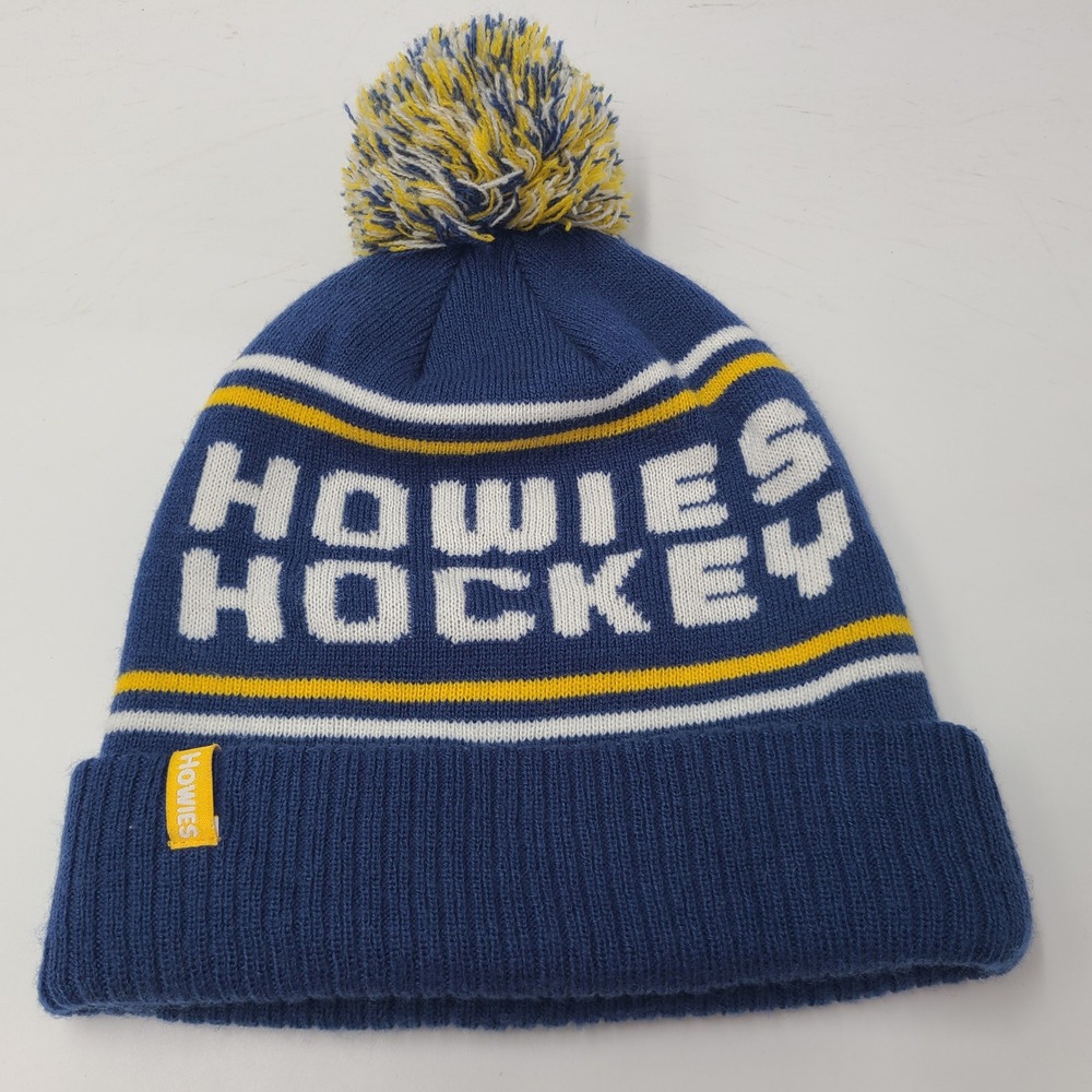 Howies Hockey Hat Beanie Blue Yellow White Logo Pom Winter Knit Stocking Cap Men
